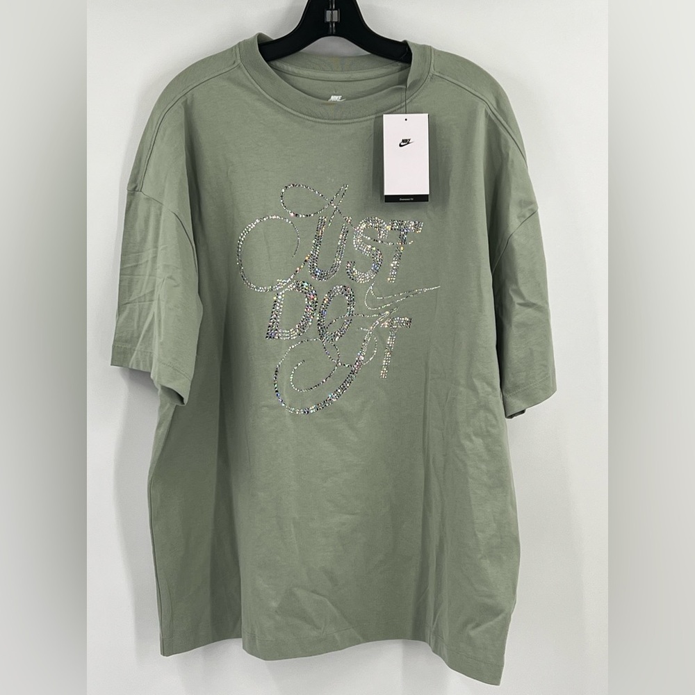 Nike Womens Sage Green Oversized Fit Rhinestone T-Shirt "Just Do It" Graphic